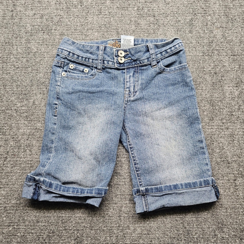 Revolt Womens Denim Bermuda Shorts Medium Wash Cuffed Double Button Size 7